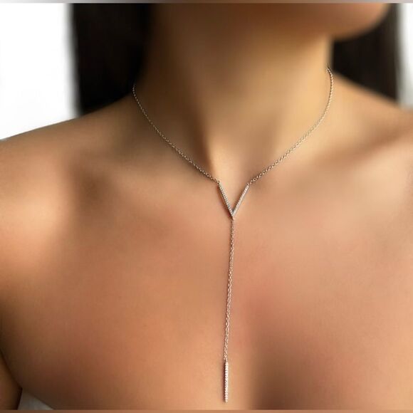 NEW AH Elegant Y Shape Tie Necklace Sterling Silver Chain Necklace - Picture 2 of 9